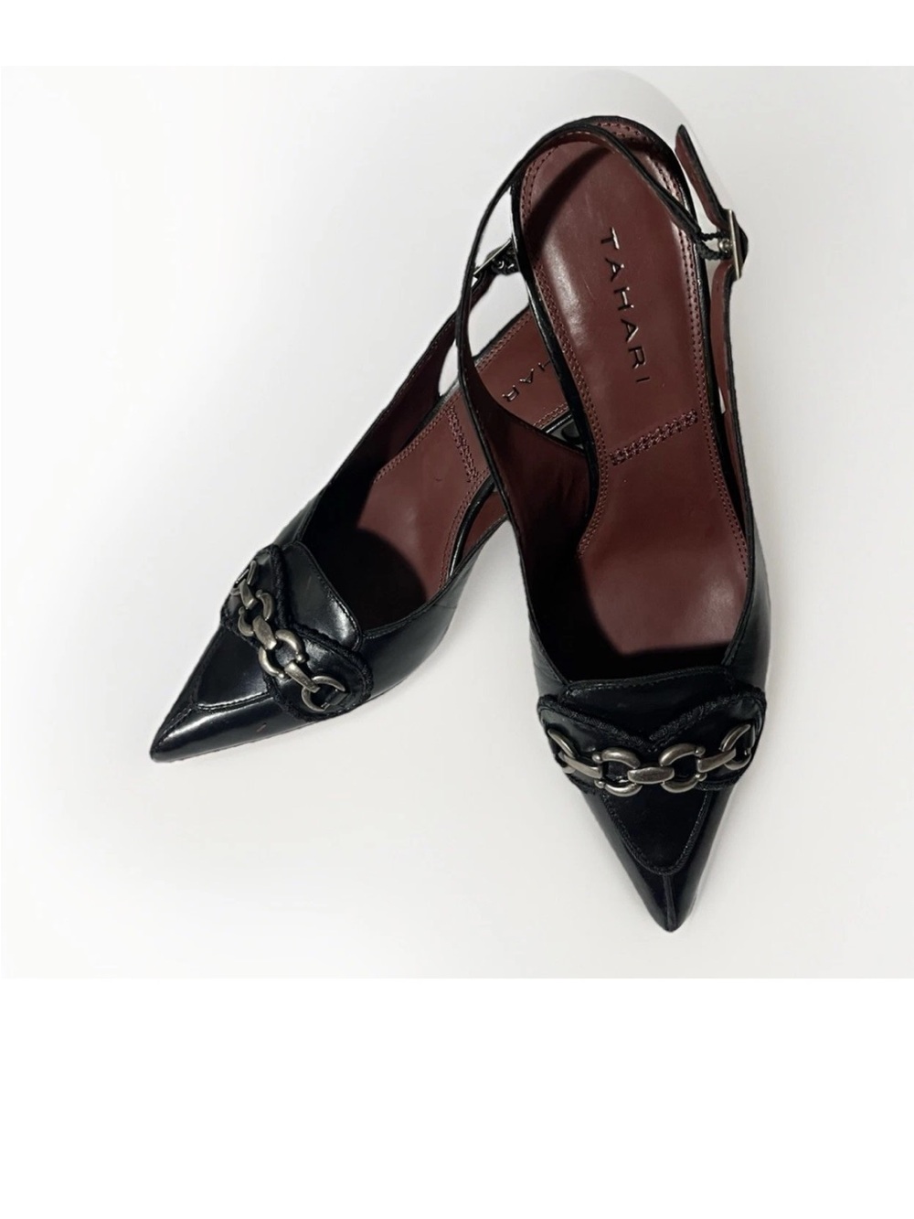 Tahari Heiress Black Pointed Leather Slingback Heels with Chain Buckle US 7.5